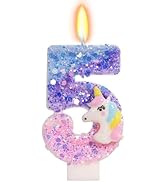 FAMGift Unicorn Candle - Number 5 Candle, 5th Birthday Decorations for Girls, Colorful Sequins Bi...