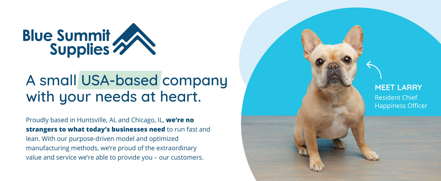 About Blue Summit Supplies, a small USA-based company with image of French bulldog Larry