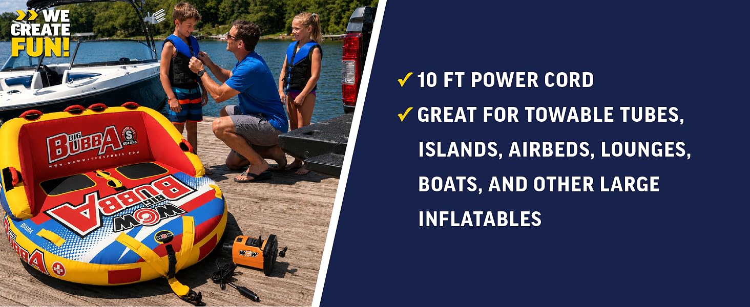 10 FT power cord, Great for towable tubes, islands, airbeds, lunges, boats, other large inflatables