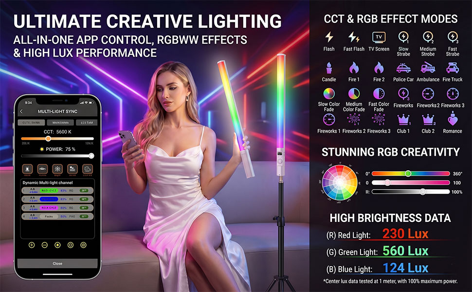 RGB LED Light Stick with APP Control, 24 Lighting Effects for Photography & Vlogging