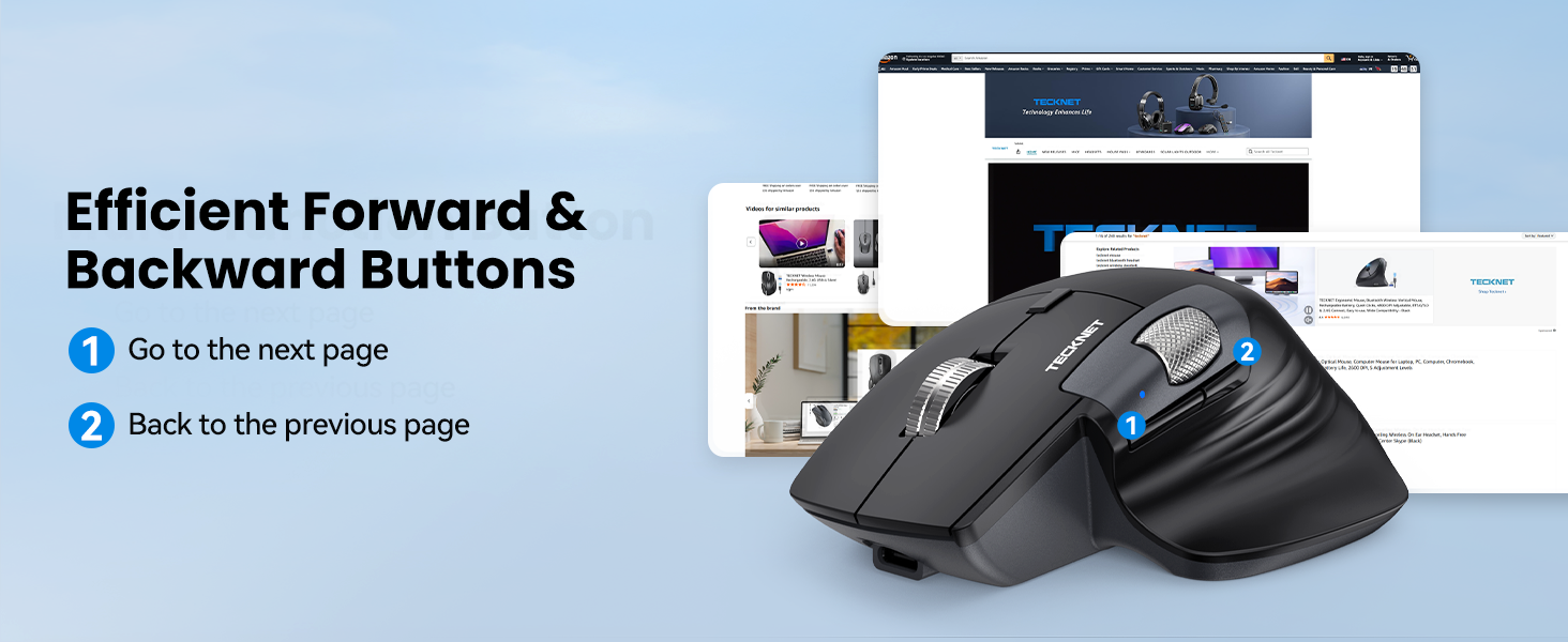 Text reads 'Efficient Forward & Backward Buttons' with website 'www.kwmouse.com'. Black gaming mouse with customizable buttons displayed on light blue background with product packaging.