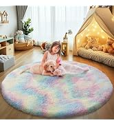 yulidayang Rainbow Fluffy Round Area Rugs for Bedroom,4'X4'Shag Circle Area Rugs for Girls Room,N...