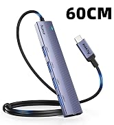 Gray USB hub adapter with multiple ports and blue accent cable, featuring a 60cm flexible black cable and USB-C connector.