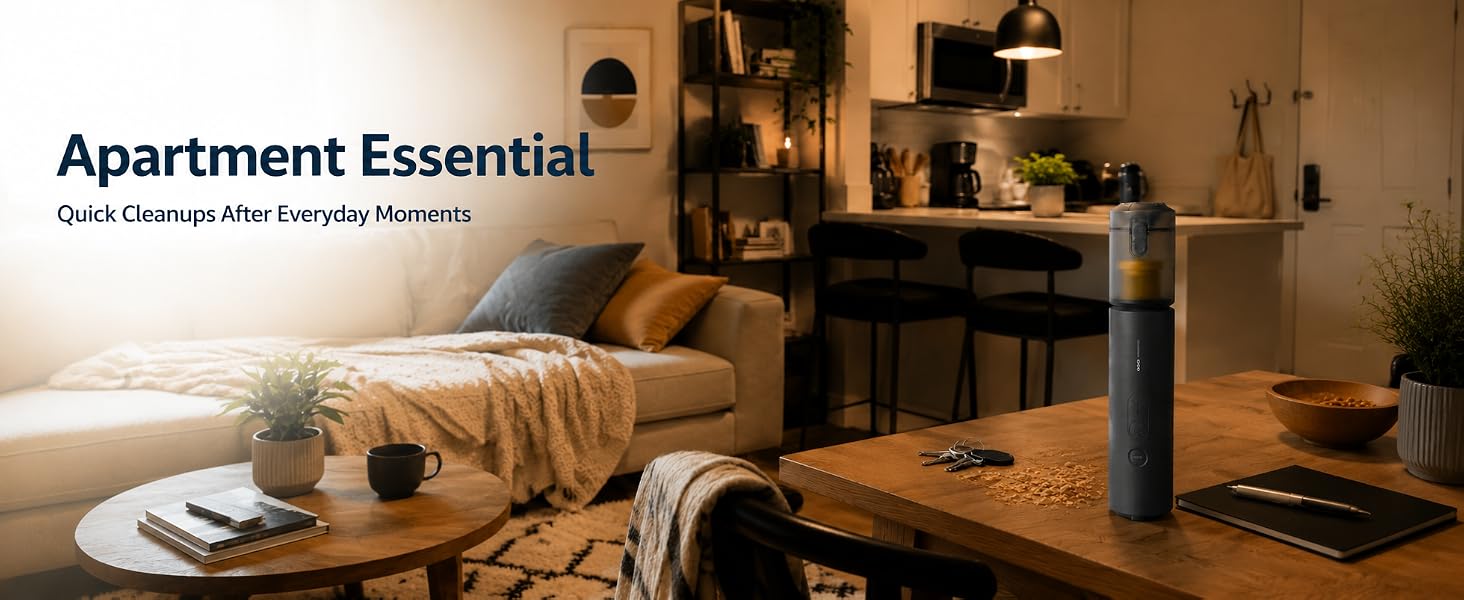 handheld vacuum pickups crumbs, debris, coffee grounds in apartments desks, sofa countertop