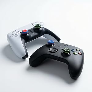 PS5 and Xbox controllers with colorful silicone thumb grips installed showing anti-slip design