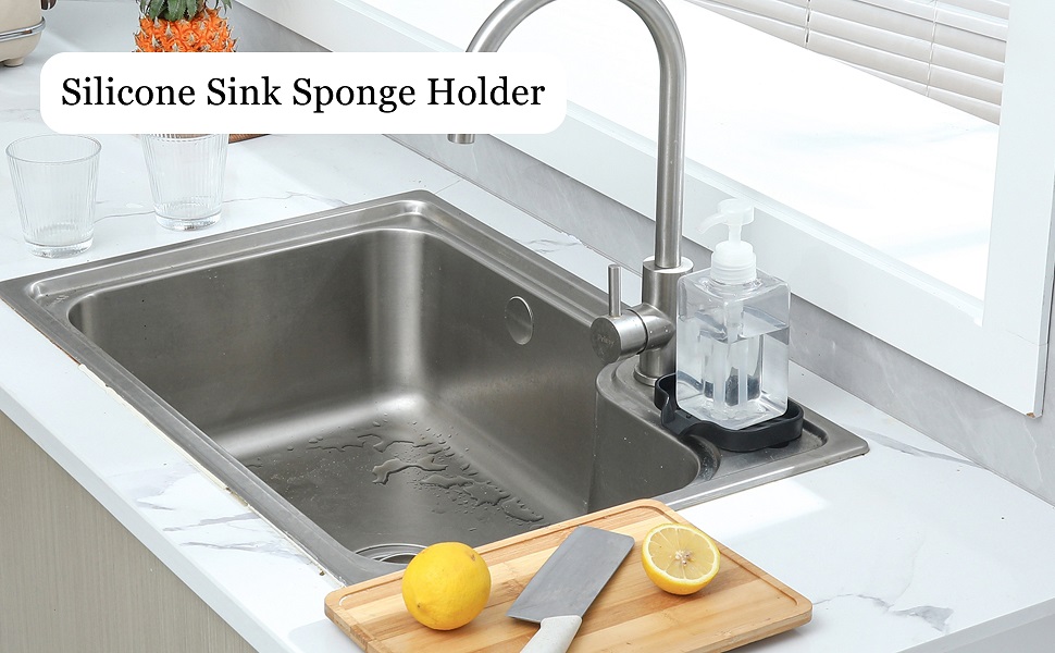 black soap dish with drain on kitchen sink