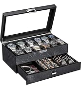 BEWISHOME High-End Watch Case, 12-Slot Wooden Watch Box with Valet Drawer, 2-Layer Watch Organize...