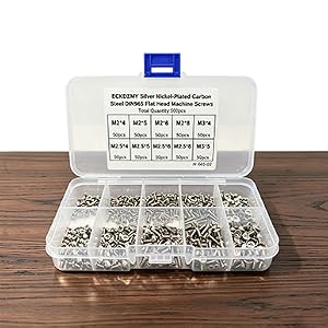 ECKDZMY 500pcs silver laptop screw kit in storage box on wooden table.