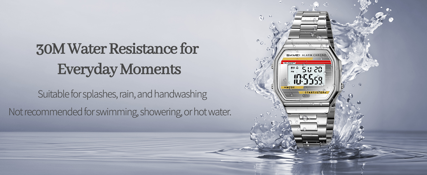 Unisex square digital size and specs stainless steel buckle zinc alloy case 30m water resistant