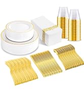 175 Pcs Gold Dinnerware Set, Plastic Plates Disposable for 25 Guests Include:25 Gold Rim Dinner P...