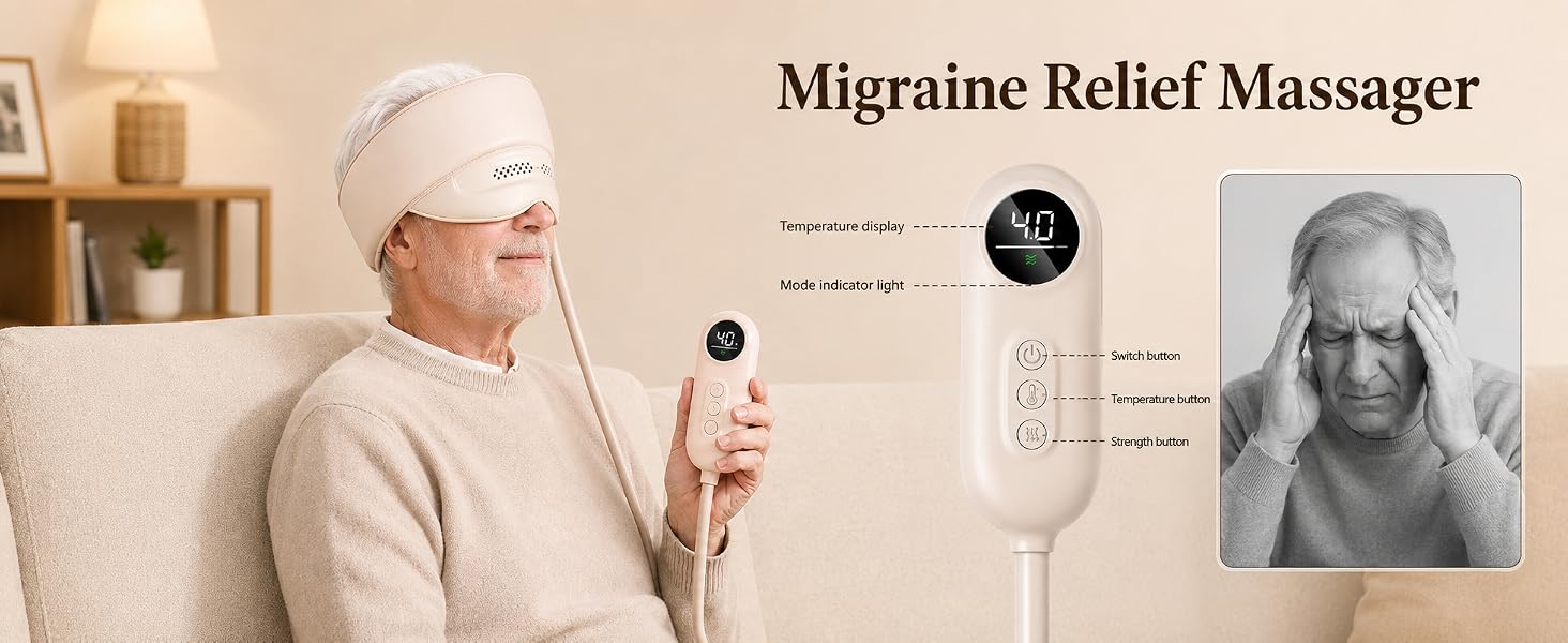 Migraine relief head massager with heat and air pressure for scalp and eye relaxation