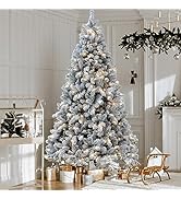 Edergoo Flocked Christmas Tree, 7.5 ft Prelit with 10 Function Warm & Colorful Lights, Easy Assem...