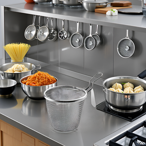 A kitchen counter with various cooking utensils and a pot filled with boiling pasta and the product.