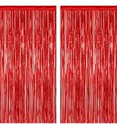 2 Pack Red Tinsel Backdrop, 3.28 FT x 7.05 FT Fringe Curtains, Red Foil Tinsel Party Streamer Bac...