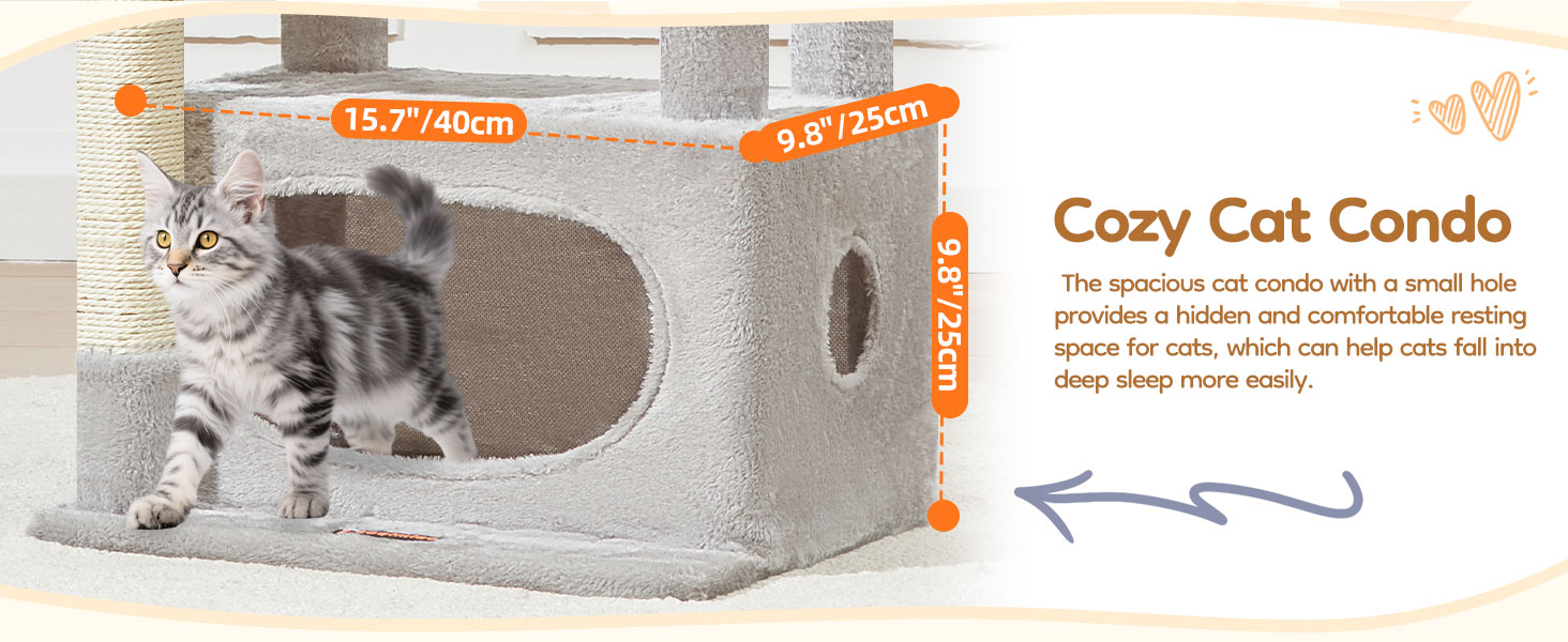 Text reads 'Cozy Cat Condo'. Gray fabric cat house with circular entrance, showing cat resting inside