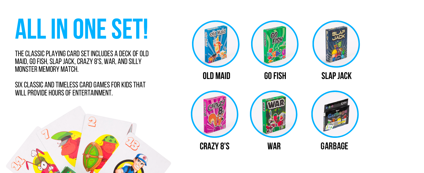 regal games, all in one set, old maid, go fish, slap jack, crazy 8's, war, monster memory mash