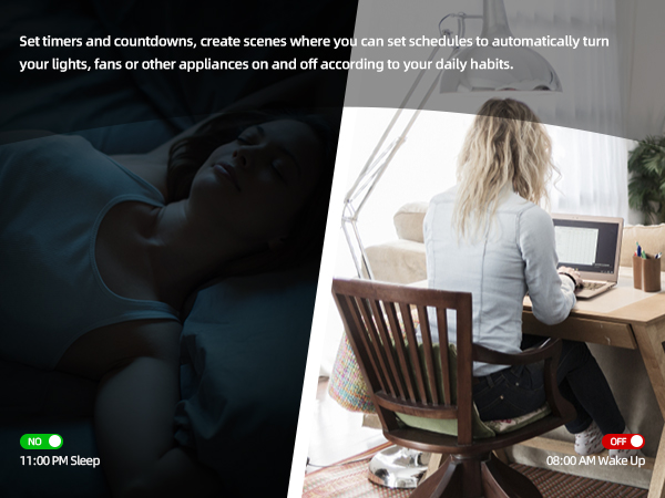 Split image showing smart home automation. Left: dark room with illuminated device. Right: person at desk using laptop, demonstrating automated lighting control.