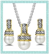 UNY JEWEL Two Tone Twisted Cable Wire 12mm Imitation Pearl Women Pendant Necklace Post Earring Set