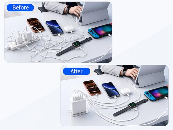 Multi-port USB charging head powers phones, earbuds, smartwatch, tablet and game console