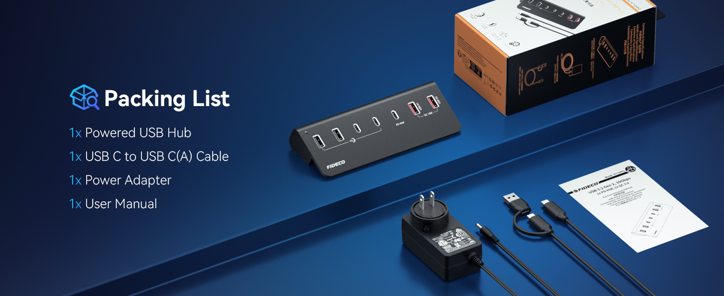 Text reads "Packing List", "1. Powered USB HUB", "2. USB-A to USB-C Cable", "3. Power Adapter", "4. User Manual". Product box and accessories laid out showing complete contents on blue background.