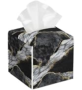 Black White Marble Tissue Box Cover Square,Golden Veins Leather Tissue Holder with Bottom Belt,Fa...