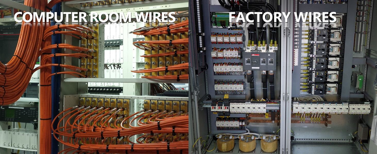 Split image showing organized electrical wiring installations: left side displays orange computer room cable management, right side shows industrial factory control panel wiring.