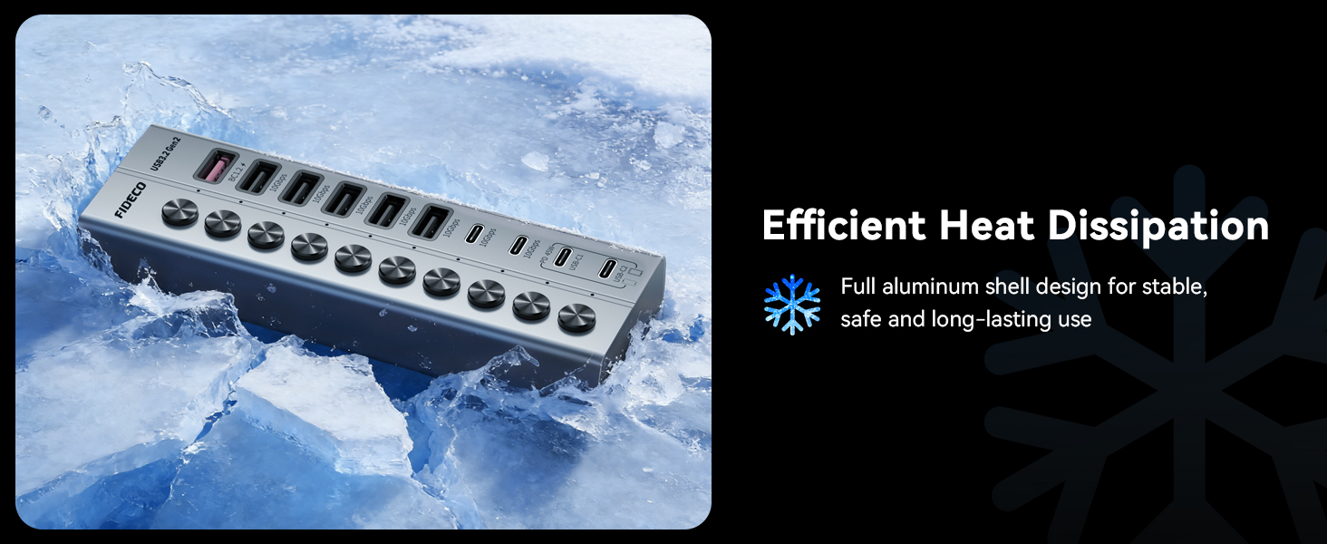 Text reads 'Efficient Heat Dissipation' with subtitle 'Full aluminum shell design for stable, safe and long lasting use.' Industrial aluminum heatsink with multiple cooling fins immersed in ice and snow, demonstrating thermal management capabilities.