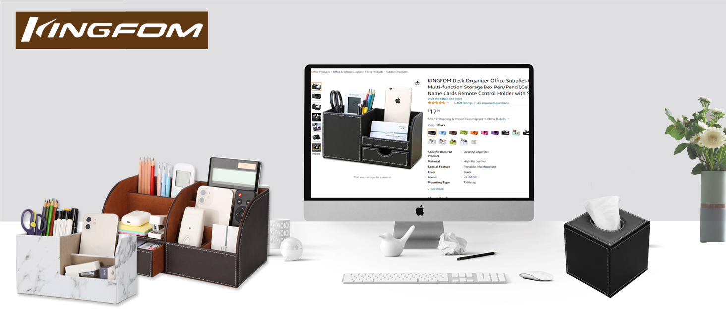 KINGFOM Desk Organizer Office Supplies Caddy Pu Leather Multi-function Storage Box