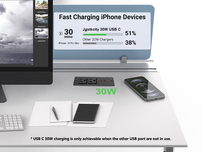 30W USB C Recessed Power Strip