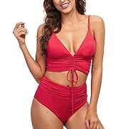 PHELRENA Tankini Swimsuits for Women Two Piece V Neck Drawstring Halter Top with High Waist Botto...