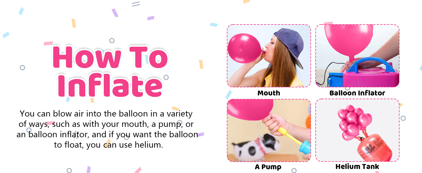 Infographic showing methods to inflate balloons: mouth, balloon inflator, pump, and helium tank. Pink balloons and text demonstrate each technique with accompanying illustrations.