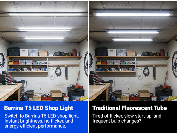 Text reads 'Barrina T5 LED Shop Light' and 'Traditional Fluorescent Tube'. Two panel comparison of bright LED shop light fixtures in workshop ceiling installation.