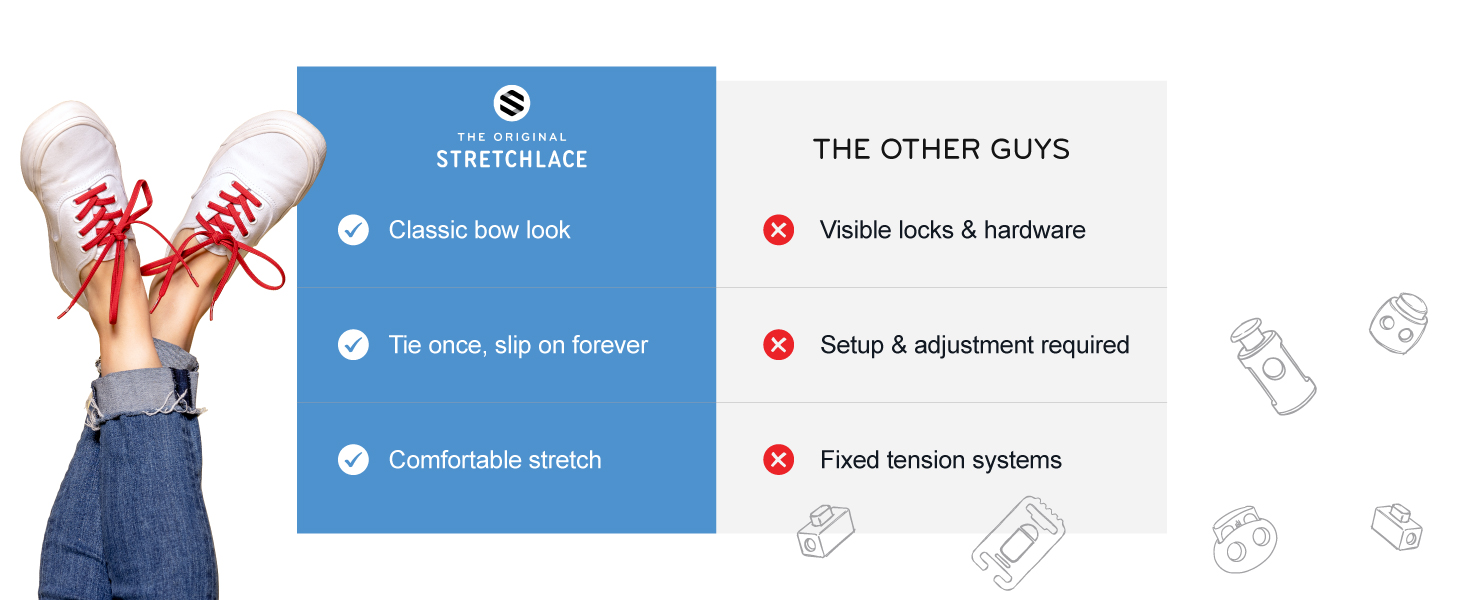 Stretchlaces offer a classic bow look without clips, locks, or hardware.
