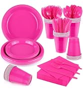 Aodaer 200 Pieces Hot Pink Party Supplies Disposable Dinnerware Set Include Plastic Plates Cups K...
