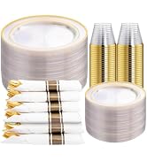 DaYammi 350PCS Clear Gold Plastic Dinnerware Set for 50 Guests, Fancy Disposable Plates for Party...