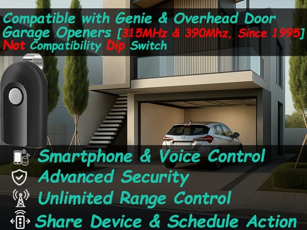 Genie compatible, voice control, remote access, advanced security, schedule, share