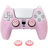 HLRAO Pink Cat Ear PS5 Controller Cover - Cute Silicone Skin with Cat & Paw Prints + 2 Matching C...