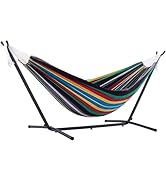 Vivere Double Cotton Hammock with Space Saving Steel Stand, Upgraded Polyester End Strings 450 lb...