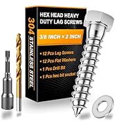 Xpokcai 12 Sets 3/8" x 2" Hex Head Lag Screws for Wood, Hex Head Lag Bolts,304 Stainless Steel 18...
