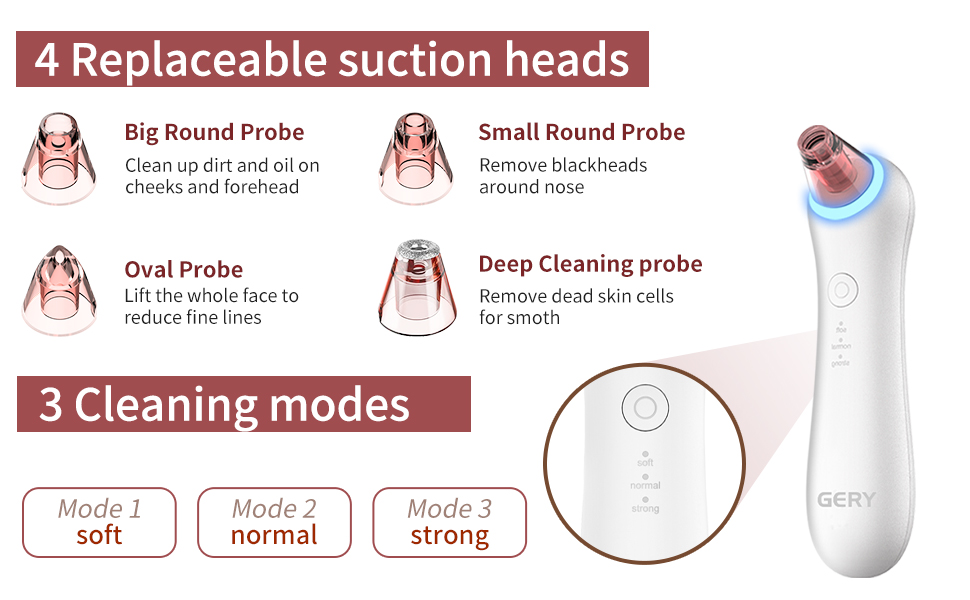 GERY blackhead remover with 3 suction modes and 4 nozzles with different functions