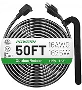POWGRN 50 FT 16/3 Black Indoor Outdoor Extension Cord Waterproof, 3 Prong Flexblie SJTW Cold Weat...