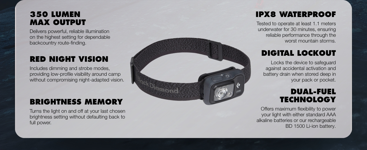 IPX8 waterproof; 3x AAA (included), BD 1500 battery (sold separately)
