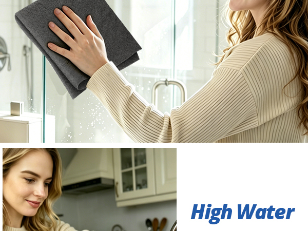 Person wringing out a highly absorbent dark grey cleaning cloth over a stainless steel kitchen sink.