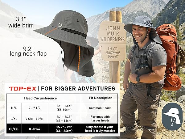 Oversized XL XXL Mens Sun Hat Big Head Neck Flap Shade Waterproof UPF50+ Wide Brim Hat Fishing