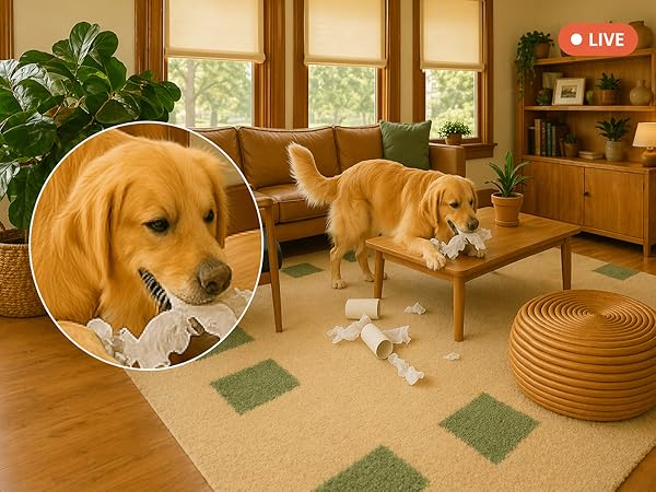 AlfredCam live indoor camera view of a dog chewing paper in a living room
