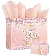 16th Birthday Gift Bag for Girls, 13" Gift Bag with Tissue Paper, Card - for Daughter, Sweet 16 G...