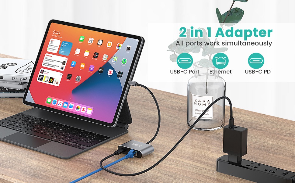 USB C Gigabit Ethernet Adapter with 60W Charging Port