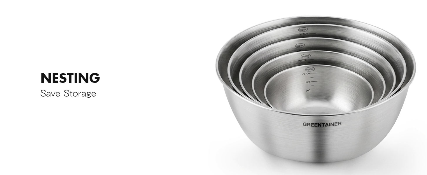 Text reads 'NESTING' and 'Stainless Steel'. Set of five stainless steel mixing bowls in graduated sizes, nested together, mirror-polished finish.