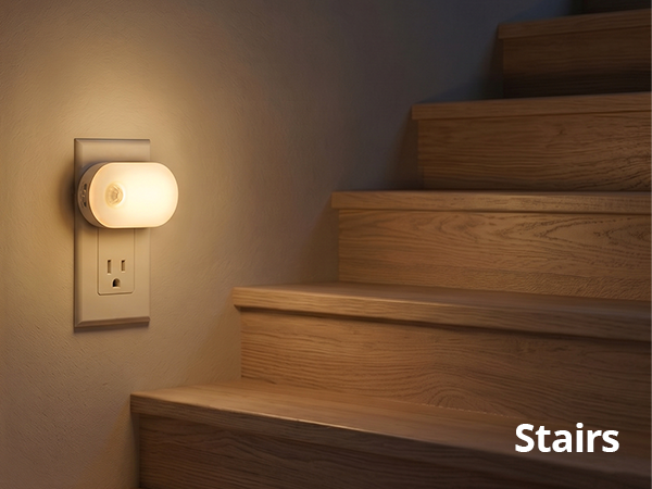Plug-in indoor step light ensuring safe stair navigation.