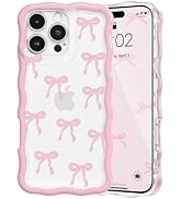 QLTYPRI for iPhone 16 Pro Max Pink Bow Case, Clear Cute Pink Ribbon Bow Phone Case Curly Wavy Aes...